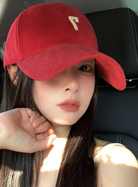 红色棒球帽女新款韩版百搭大头围深顶鸭舌帽宽帽檐大脸显脸小帽子