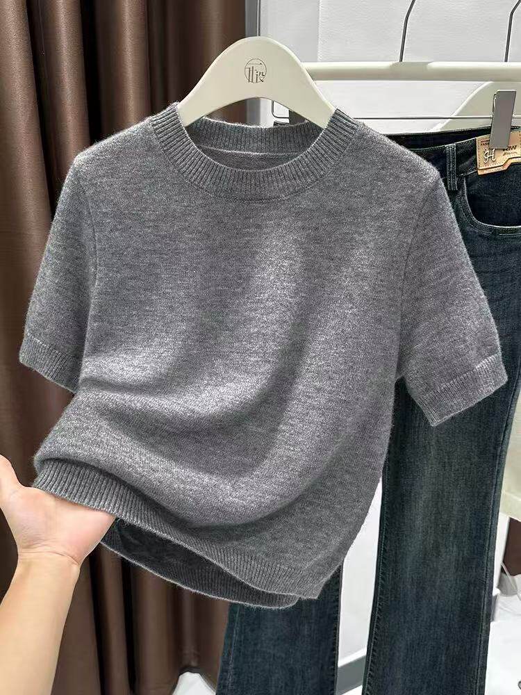 新款短袖毛衣女针织衫圆领套头t血宽松显瘦纯色半袖羊毛打底衫