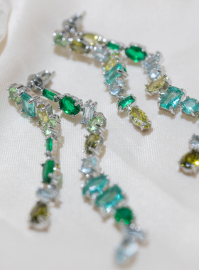 欧美复古耳坠绿色彩钻长款流苏后挂式两戴耳环轻奢高级感重工耳坠