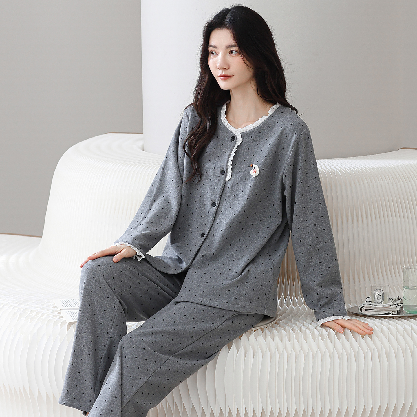 德绒女士开衫羊毛蚕丝家居服套装