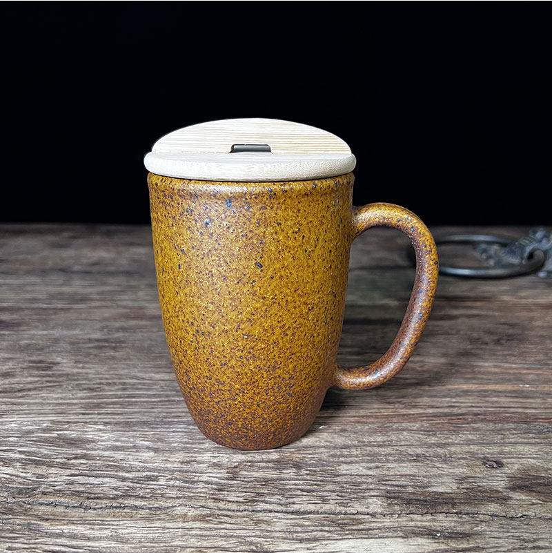 粗瓷水缸杯瓮杯大容量鎏金釉手把杯粗陶茶具复古茶杯喝水主人杯