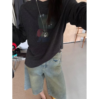 one欧货2025早秋新款时尚圆领卡通印花长袖T恤女宽松显瘦打底衫