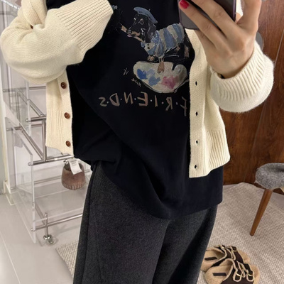 one特价处理不退换25999外磨毛藏青色长袖打底衫T恤卡通印花上衣