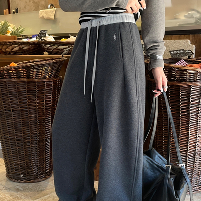 zuowooon左维8563加绒卫裤女小马刺绣裤脚抽绳直筒阔腿裤弯刀裤子