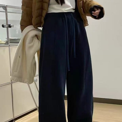 qianbeisi加绒加厚卫裤女冬款宽松显瘦裤脚抽绳直筒阔腿裤弯刀裤