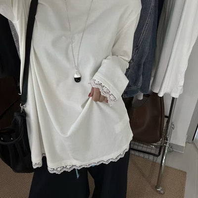 one26107磨毛长袖T恤女2025冬款中长款蕾丝拼接加绒打底衫上衣INS