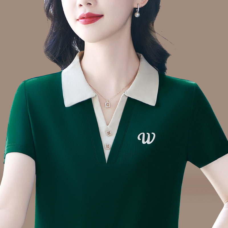 声雨竹夏季短袖翻领t恤女2026新款洋气百搭显瘦大码中年妈妈polo
