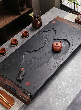 茶盘家用天然乌金石整块石头茶具托盘2025新款搭配古船木创意茶台