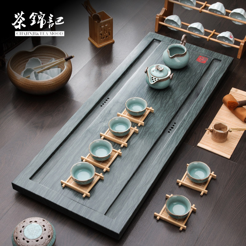 茶锦记绿檀木纹石茶盘功夫茶具盘套装大号石头茶海干泡乌金茶台