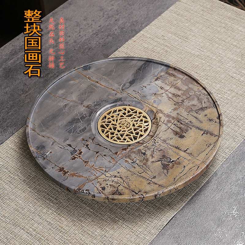 茶锦记茶盘圆形国画石天然石头