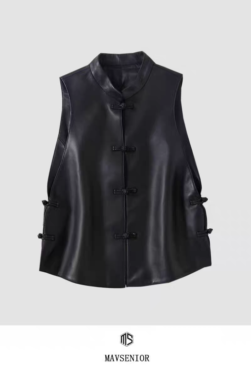 100%绵羊皮中式真皮马甲无袖背心坎肩盘扣短款马夹大码真皮皮衣