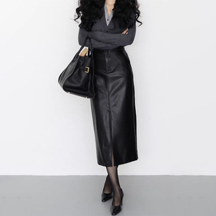 100%绵羊皮真皮皮裙轻奢紧身前开叉包臀半身裙小羊皮高腰显瘦长裙