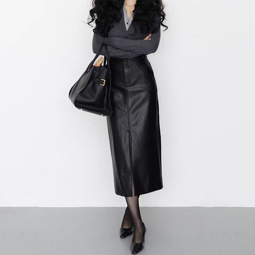 100%绵羊皮真皮皮裙轻奢紧身前开叉包臀半身裙小羊皮高腰显瘦长裙