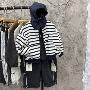 2025男女儿童秋冬新款 卫衣 一体绒条纹假两件上衣宝宝加厚连帽开衫