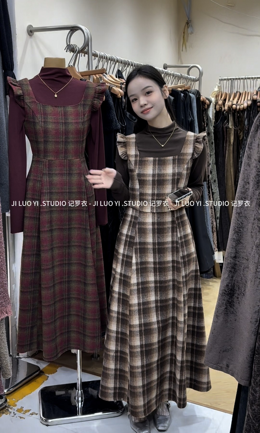 韩系复古学院风格子毛呢背心裙女冬季新款甜美减龄通勤气质连衣裙