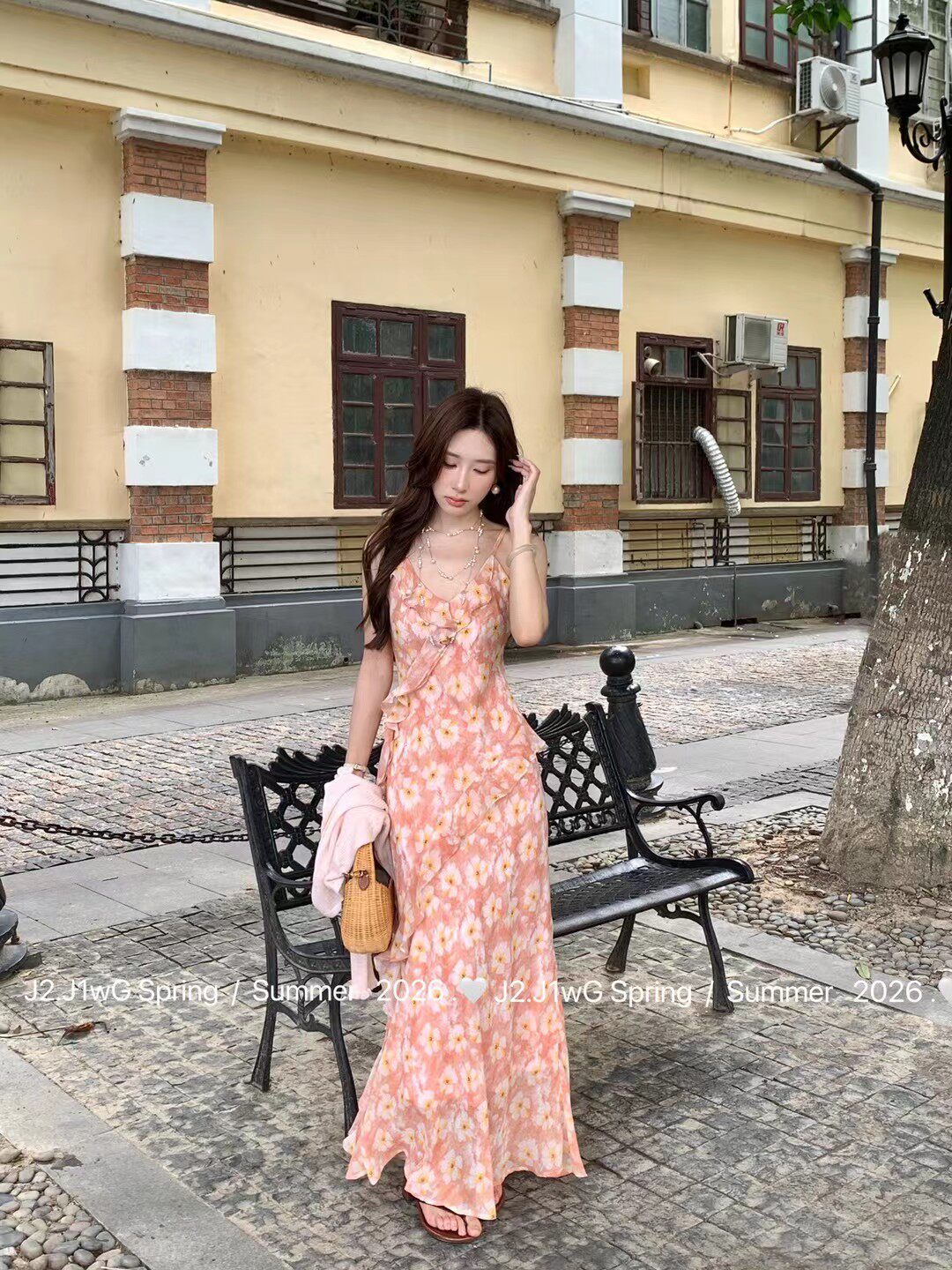 法式时尚气质名媛风荷叶边碎花吊带超仙女长裙子茶歇度假风连衣裙
