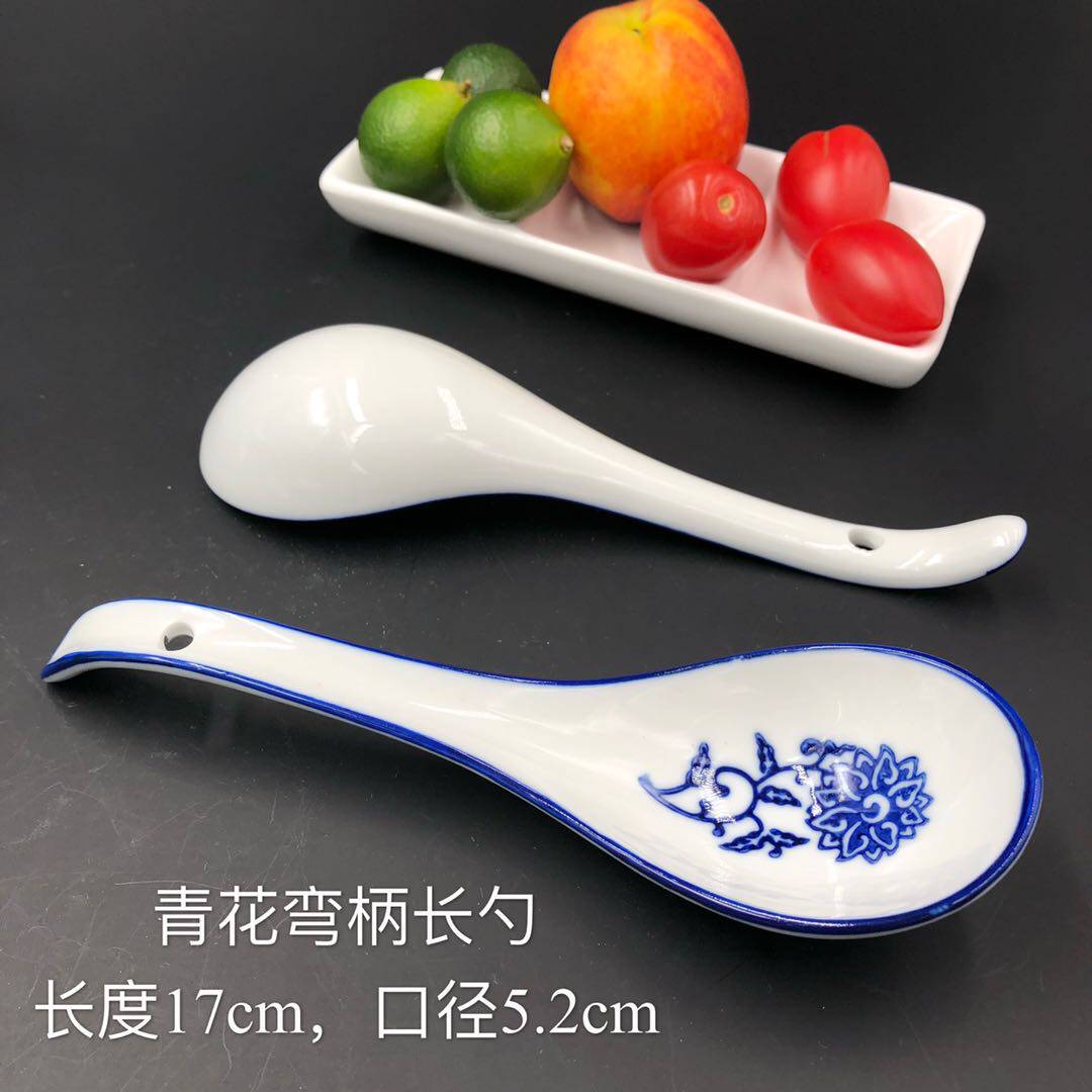 陶瓷招财进宝青花直柄弯柄长勺汤勺家用面馆火锅麻辣烫大小勺调羹_虎窝淘