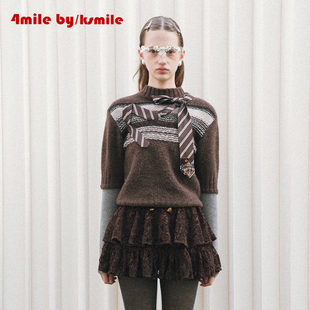 北欧来信复古棕不规则领带假两件毛衣半裙套装 KSMILE 4MILE