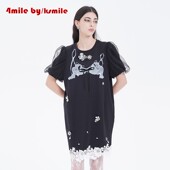 4MILE 圆领宽松连衣裙 蕾丝缀梦印花蕾丝下摆泡泡袖 KSMILE