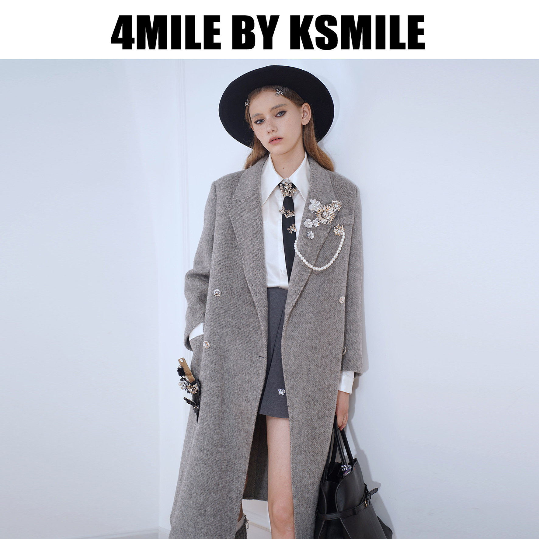 4MILE BY KSMILE | 伦敦曲调金属花灰色羊驼毛西装大衣垂感外套