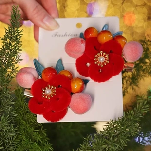 中国风儿童新年头饰红色绒花喜庆过年古风发饰古装造型发夹