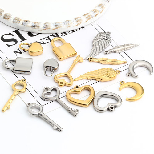 钛钢心形锁头钥匙吊坠金色diy