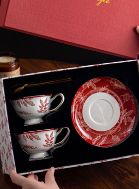 派一摩登家中式骨瓷宫廷风咖啡杯碟套装组合红色下午茶杯茶具结婚