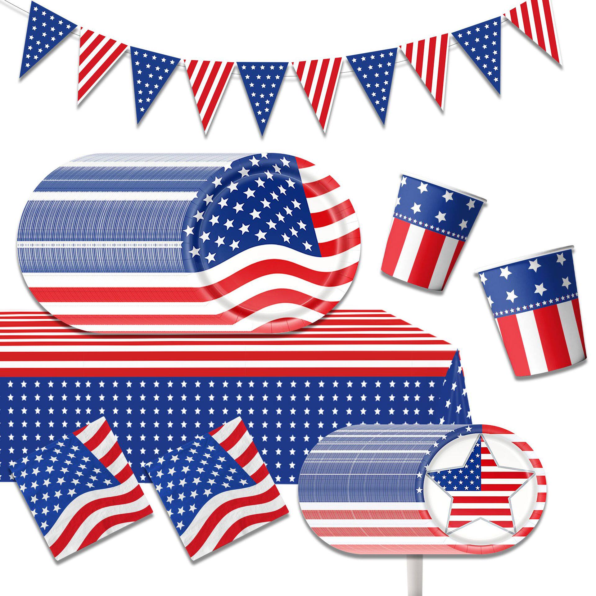 五角星新款美国独立日派对餐具一次性桌布装饰纸杯纸盘纸巾横幅