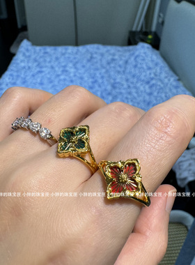 歌剧院小号戒指菱形四叶草指环白贝珐琅古法黄金宫廷复古镀18K金