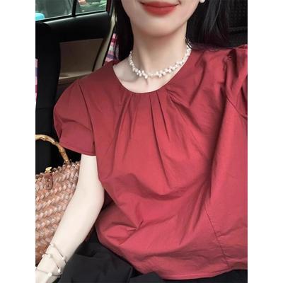 法式复古红色短袖圆领衬衫女夏季大码胖mm超仙甜美短款娃娃衫上衣