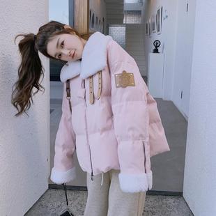 奶fufu羊羔毛拼接粉色娃娃领短款羽绒服女冬减龄加厚90白鸭绒外套