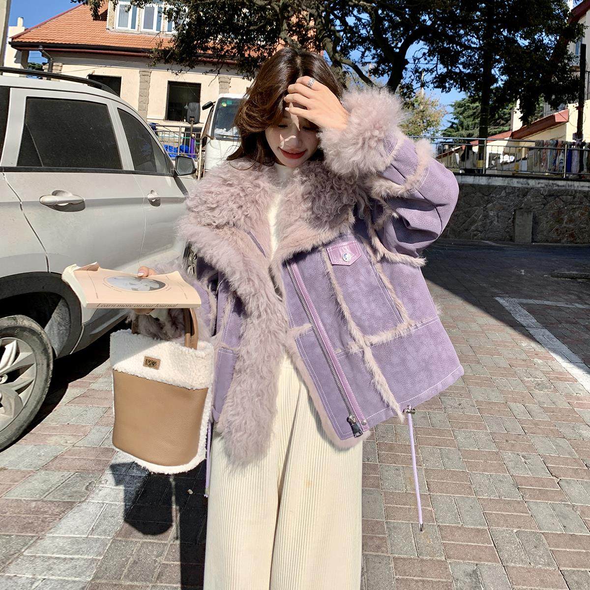 紫色高级感皮毛一体外套女短款2024冬季新款小个子加厚毛茸茸皮草,女装/女士精品,短外套,淘宝优惠券,粉丝福利购,淘宝优惠卷