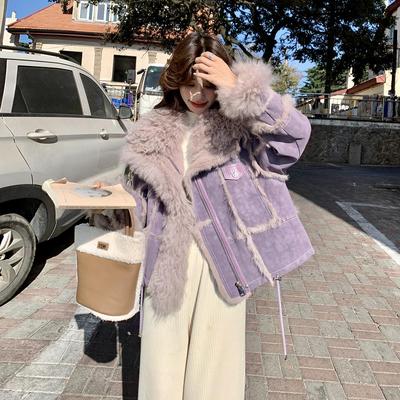 紫色高级感皮毛一体外套女短款2024冬季新款小个子加厚毛茸茸皮草