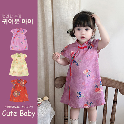 夏季女童新中式印花薄款连衣裙