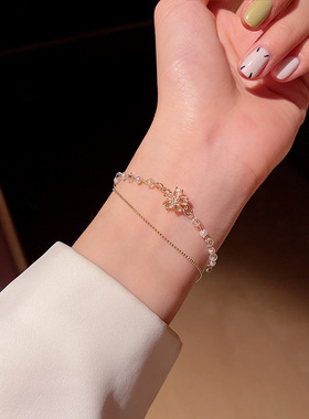 钛钢双层珍珠锆石花朵女手链