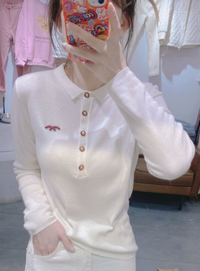 欧货2024冬季新款拼接纽扣polo领针织衫女时尚洋气百搭套头上衣潮