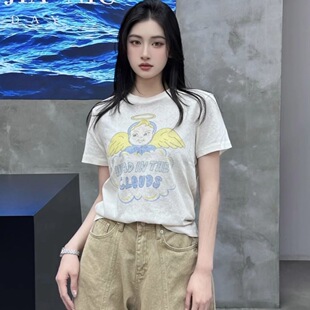 t恤女时尚 字母小天使图案印花短袖 洋气百搭上衣 新款 欧货2026春季