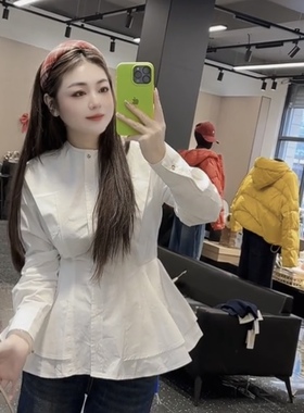 欧货2025冬季新款纯色拼接纽扣荷叶边收腰衬衫女时尚洋气百搭上衣