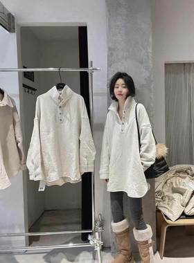 欧货2024冬季新款长袖毛圈卫衣女宽松时尚百搭休闲中长款减龄上衣