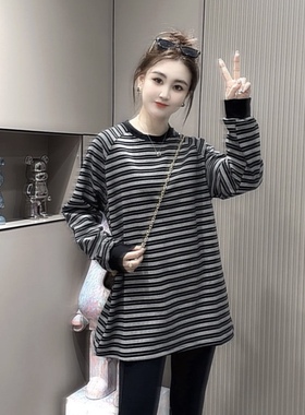欧洲站2025冬季新款拼接条纹长袖t恤女宽松时尚洋气百搭套头上衣