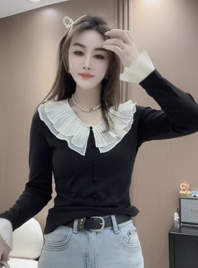 欧洲站2025冬季新款拼接荷叶领t恤女时尚洋气百搭长袖喇叭袖上衣
