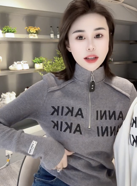 欧洲站2024冬季新款字母印花拼接拉链贴布t恤女时尚洋气百搭上衣