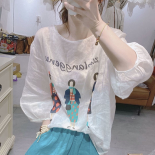 欧货2025夏季新款卡通图案印花薄款七分袖t恤女时尚百搭套头上衣