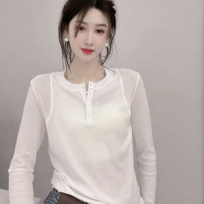 欧洲站2026春季新款纯色拼接纽扣t恤女时尚洋气百搭长袖套头上衣