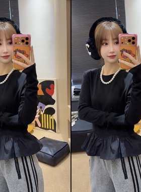 欧洲站2025冬季新款纯色拼接荷叶边t恤女时尚洋气百搭显瘦上衣潮