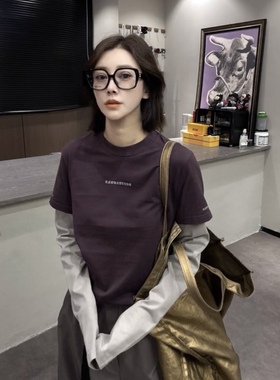 欧货2025秋季新款字母拼接假两件t恤女时尚洋气百搭长袖套头上衣