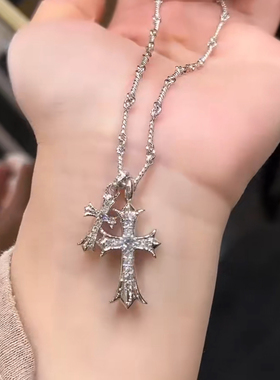 双十字架项链镀18k金银培育钻石50厘米
