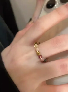 复古天然石碧玺开口戒指女轻奢小众设计高级感食指戒时尚个性戒指