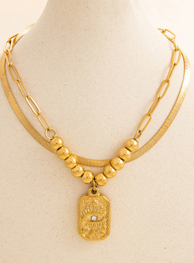 不锈钢双层手链时尚设计方块吊坠镀18k金不掉色