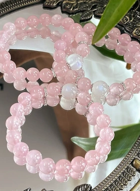 天然白月光水晶手串女粉水晶月光石手链马粉饰品10mm圆珠高品质